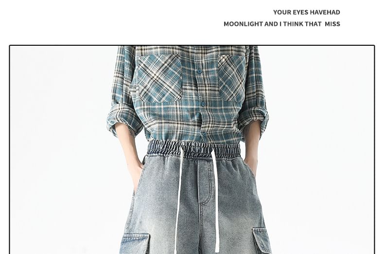Lefitt - Mid Rise Washed Denim Cargo Shorts
