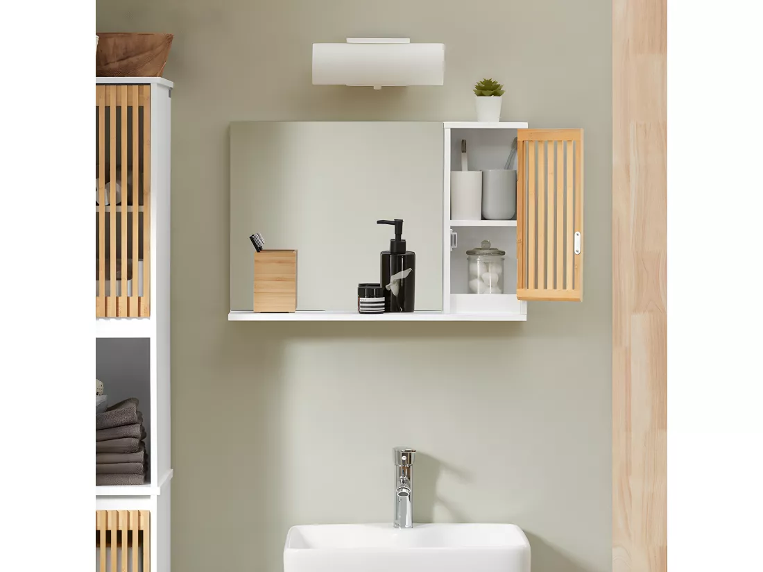 SoBuy Miroir de Salle de Bain avec Étagère Plateau Commode Armoire Murale Miroir Mural Meuble Salle de Bain Suspendue Placard Mural, 60 x 12 x 40 cm, Blanc, BZR128-W
