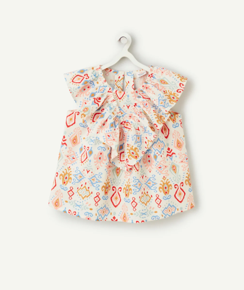 blouse manches courtes fille écrue imprimé géométriques et volants