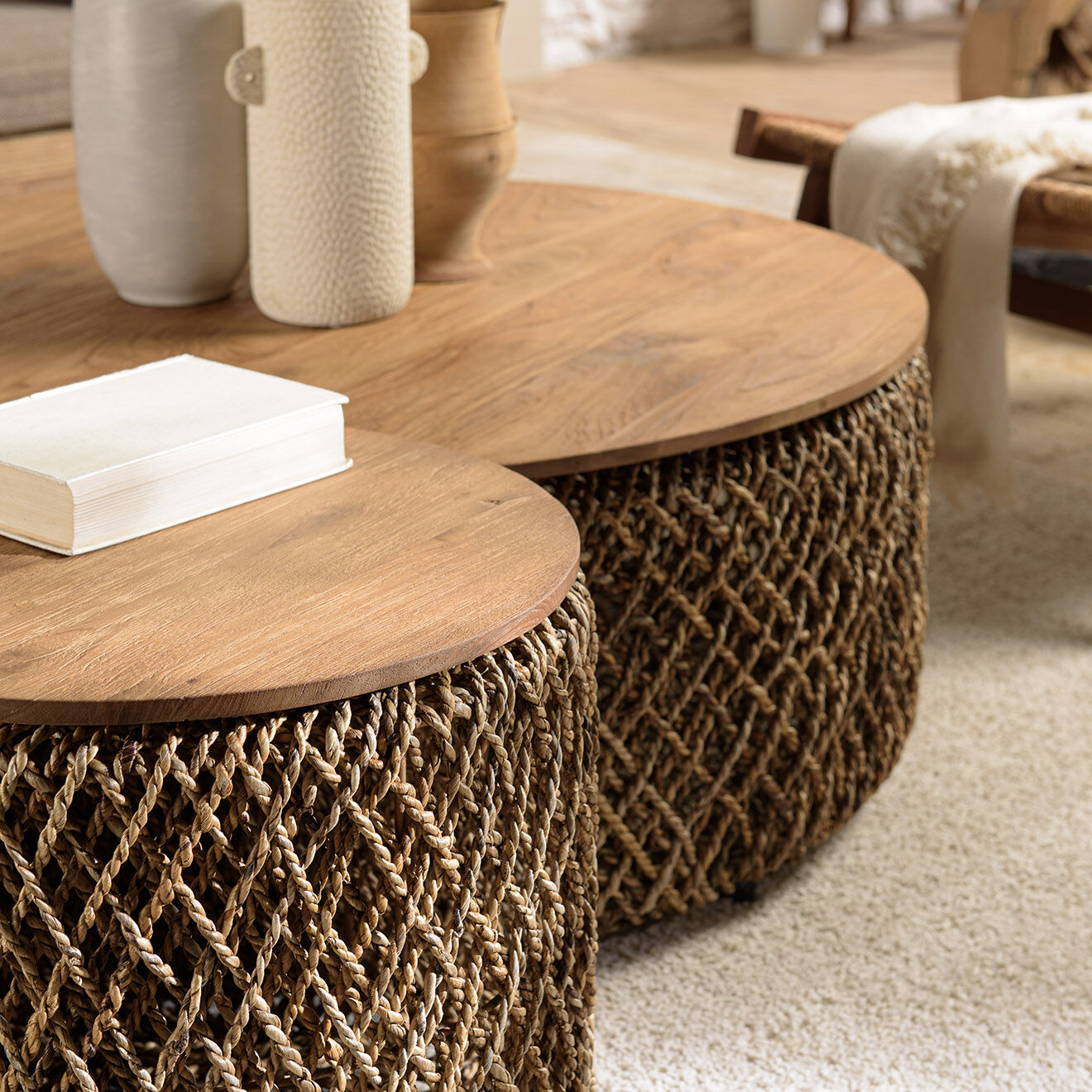 Macabane 3 Tables basses rondes en tissage de fibre de cocotier Sixtine bois