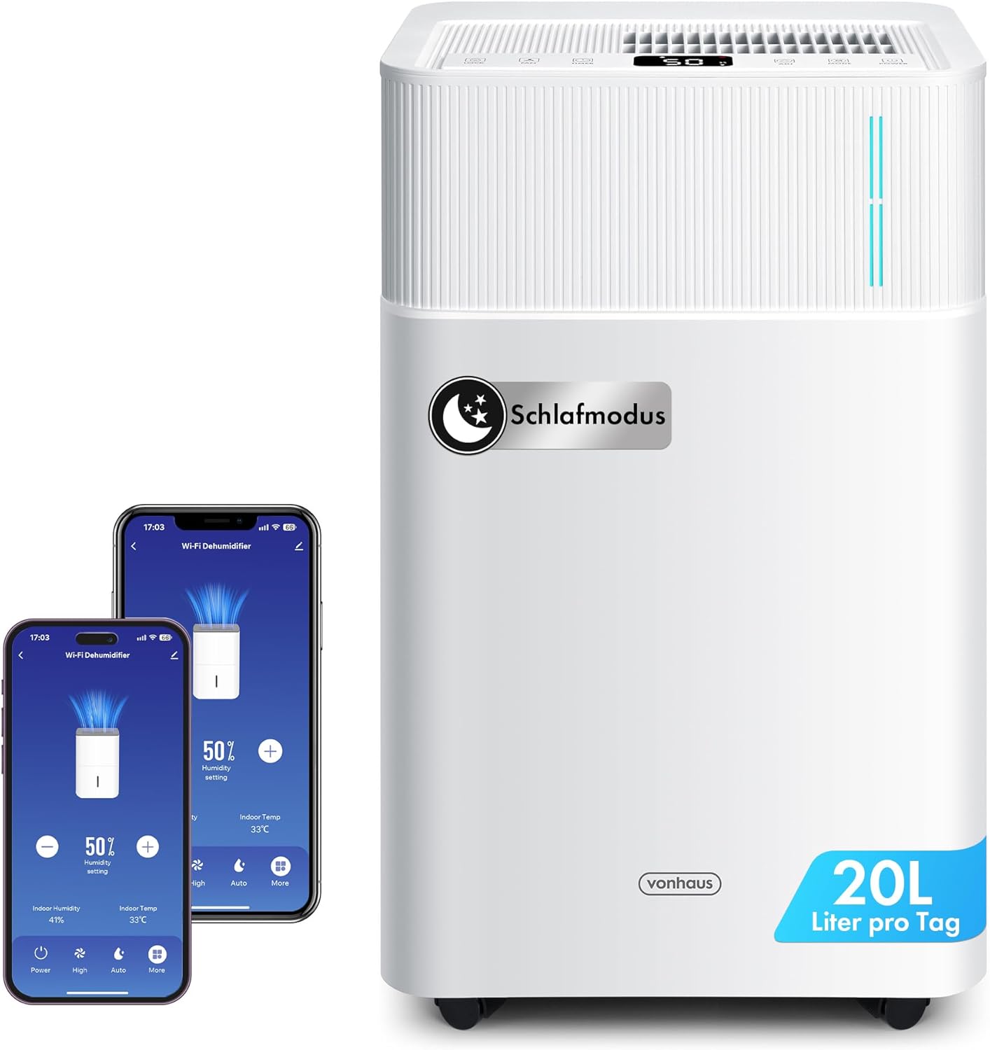 VonHaus Luftentfeuchter Elektrisch mit App & WLAN, 20L/24H, Entfeuchter für Keller, Raumentfeuchter 41dB für Räume 135m³/20m², mit Schlafmodus, Timer & Ablaufschlauch, für Alexa &  Home