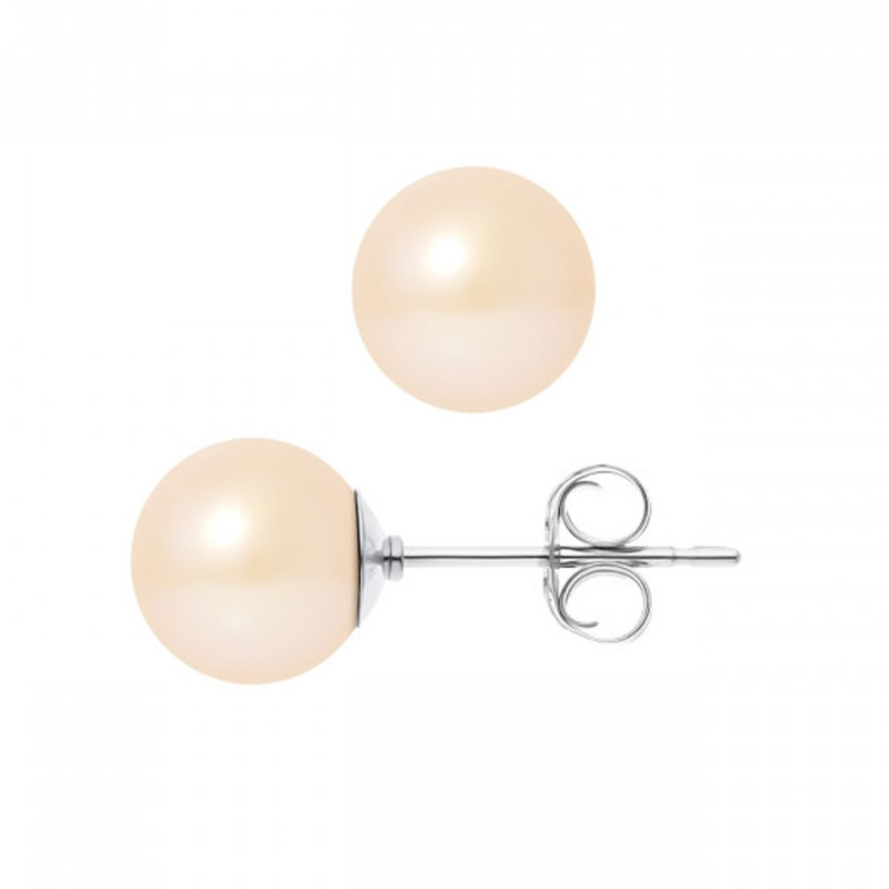 Boucles d'Oreilles Perles de Culture d'eau douce Roses 7.5-8 mm et or Blanc 750/1000