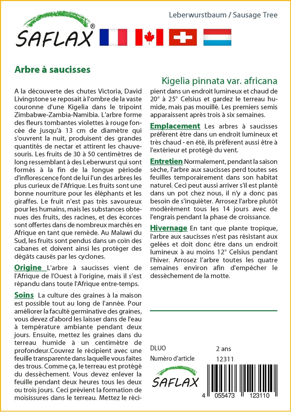 Arbre à saucisses - 10 graines - avec substrat - kigelia pinnata var. Africana