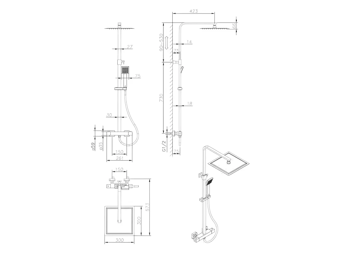 Colonne de douche - Mitigeur thermostatique - Pomme haute carrée 30x30 cm - - Chrome