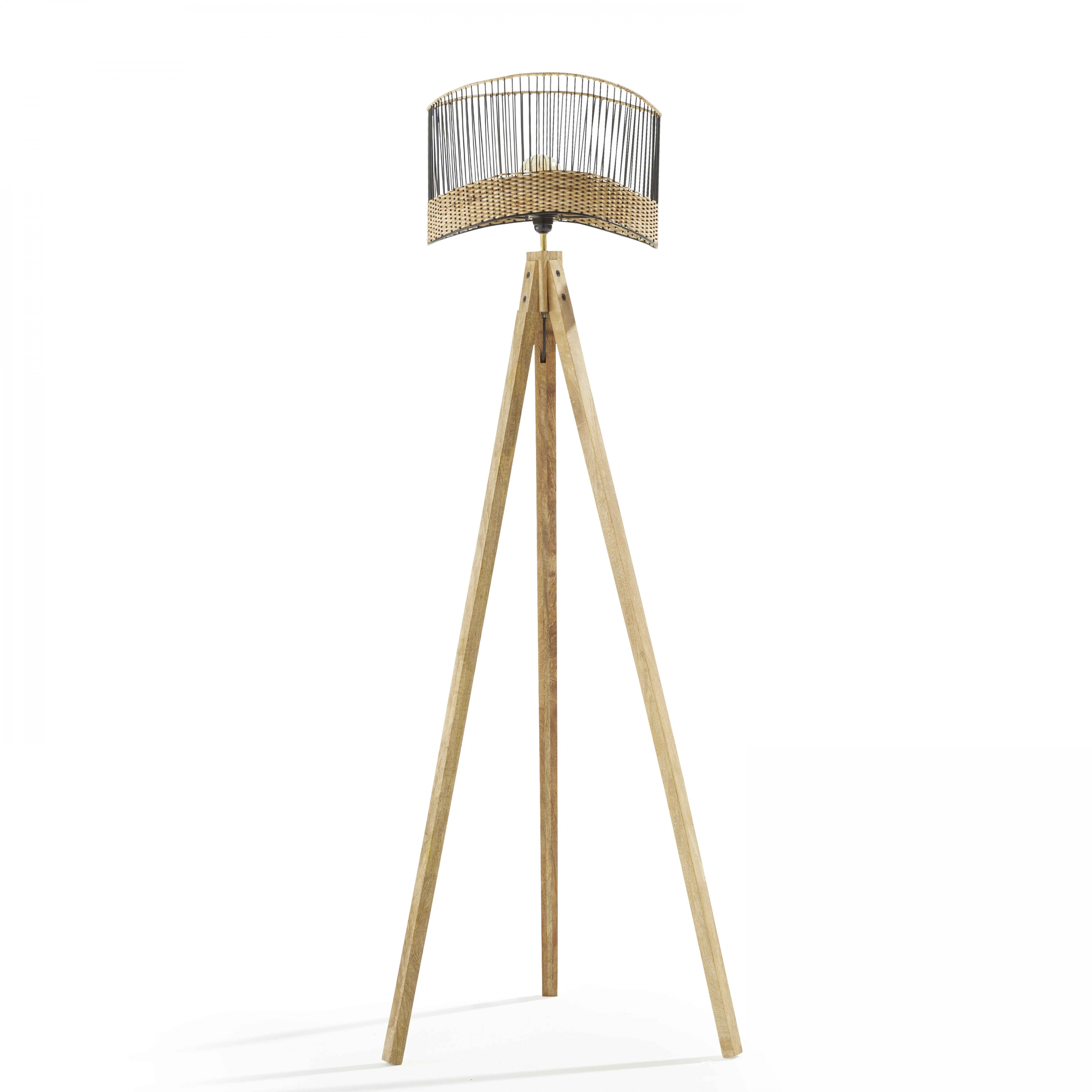 Lampadaire en manguier massif et rotin