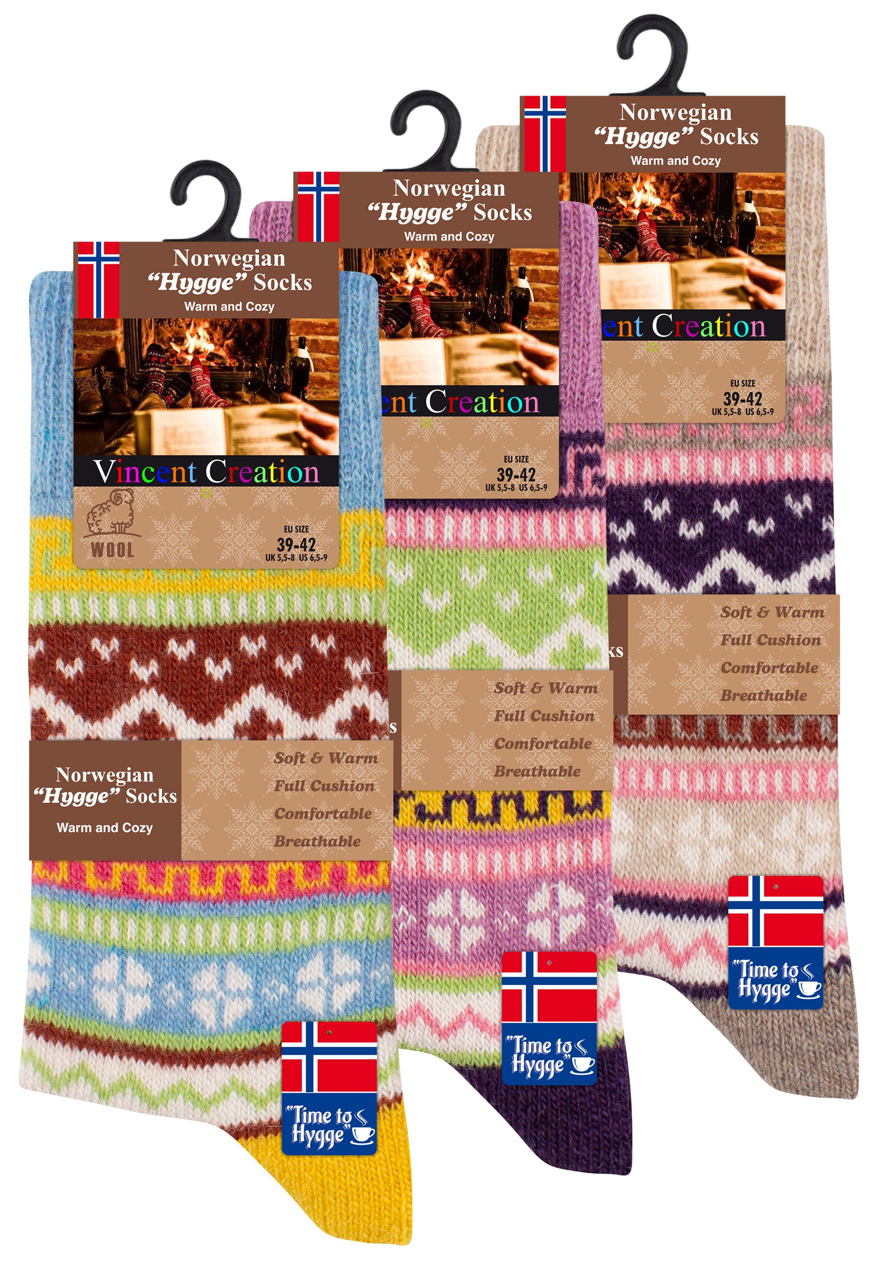 Vincent Creation® 3 Paar Bunte Norwegersocken Hygge Socken
