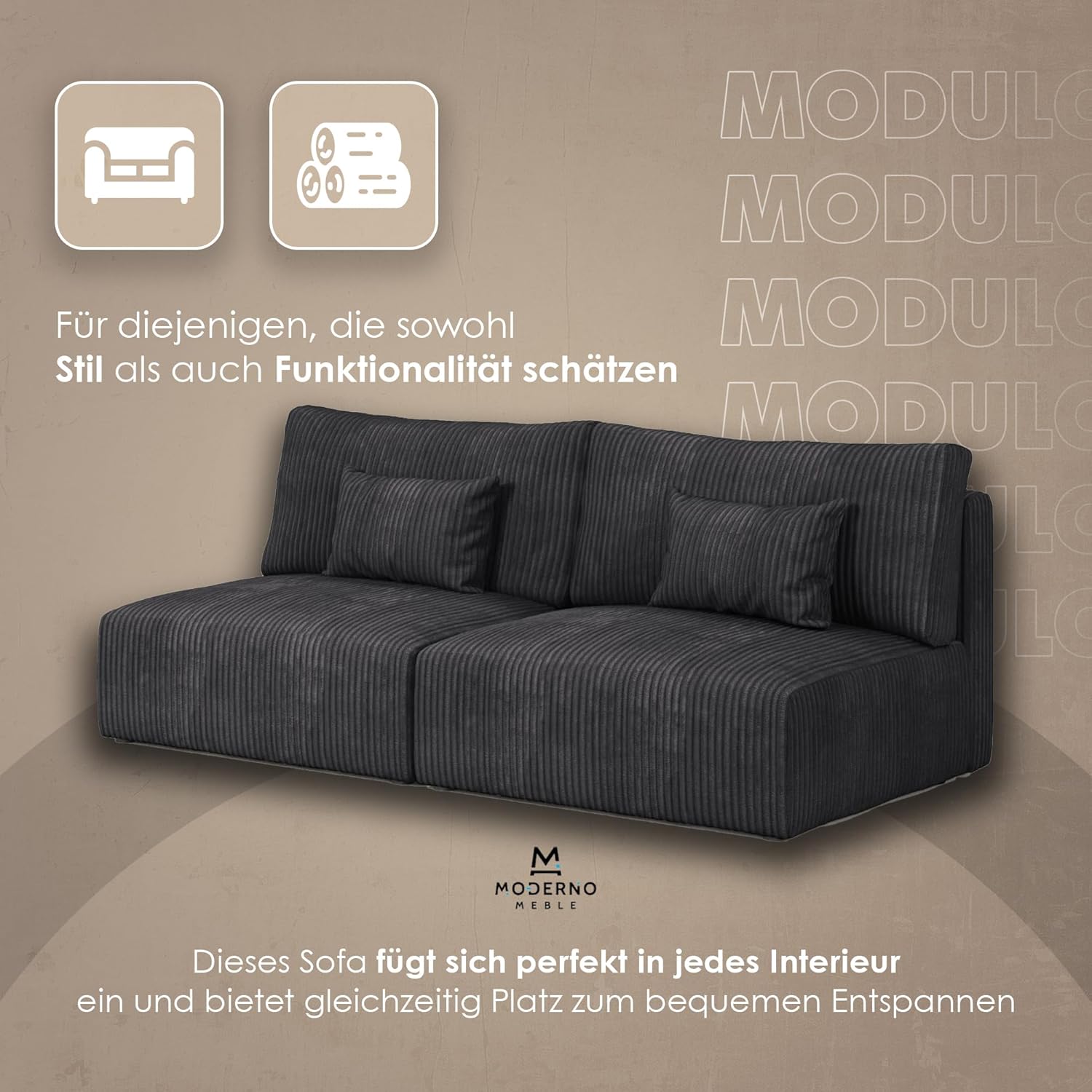 Moderno Sofa mit Schlaffunktion Modulo - Modern Cord Sofa mit 2 Sitzen und Robusten Überzug - Modular Schlafcouch - Couch mit Bettzeugcontainern - 210x80x108 cm - Graphit