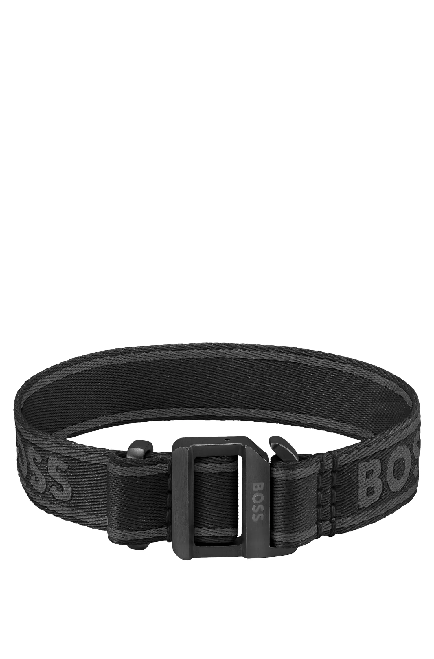 Pulseira BOSS preta com logo em tecido e fivela ajustável.