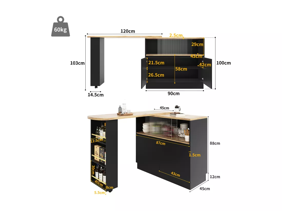 Meuble de bar pivotant - 4 portes et étagères de rangement - Bois MDF et verre - Noir + naturel