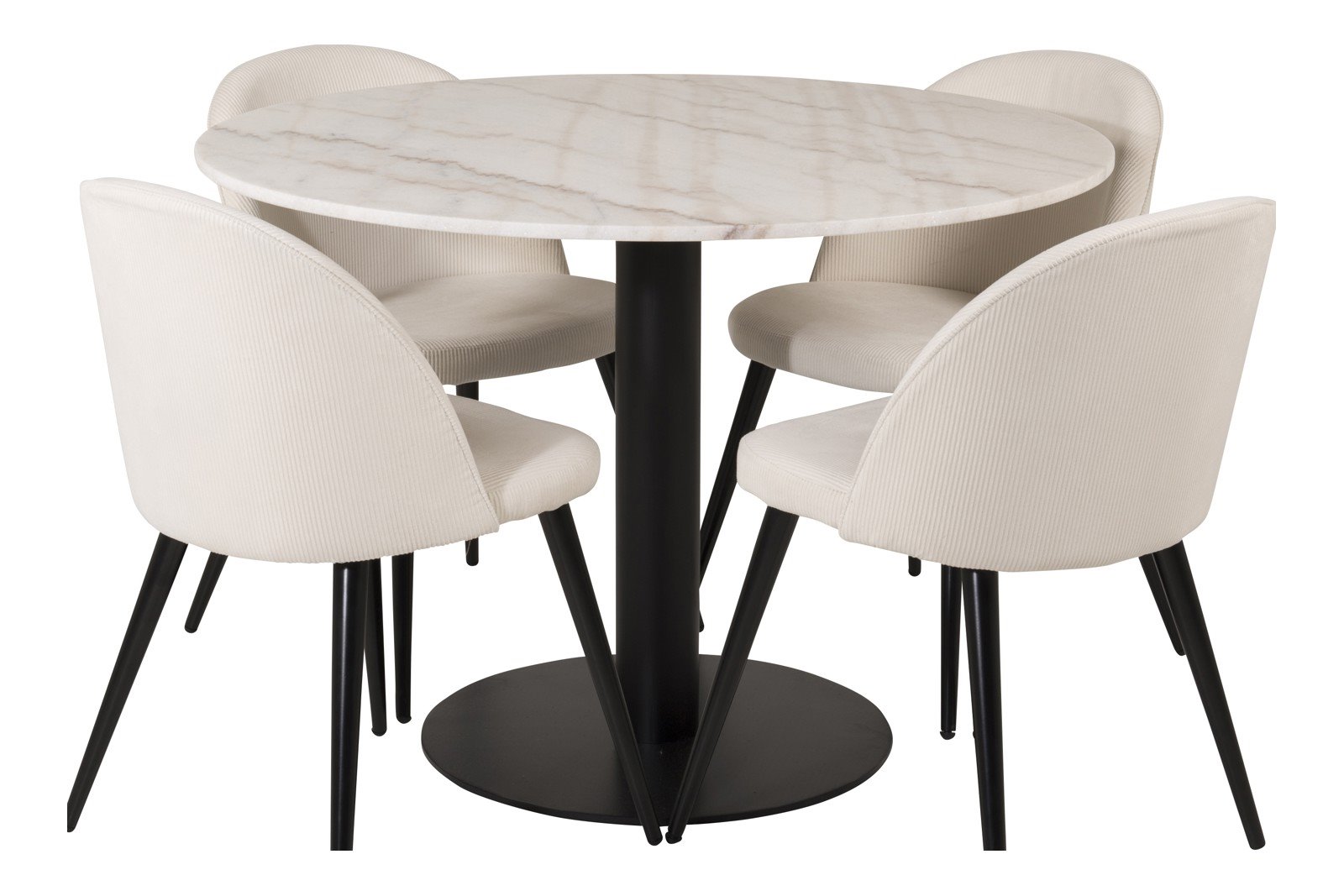 Estelle og Velvet Spisegruppe Estelle rundt spisebord ø106 cm i hvit med 4 stk. Velvet spisestoler i Krem fløyel og sorte ben.