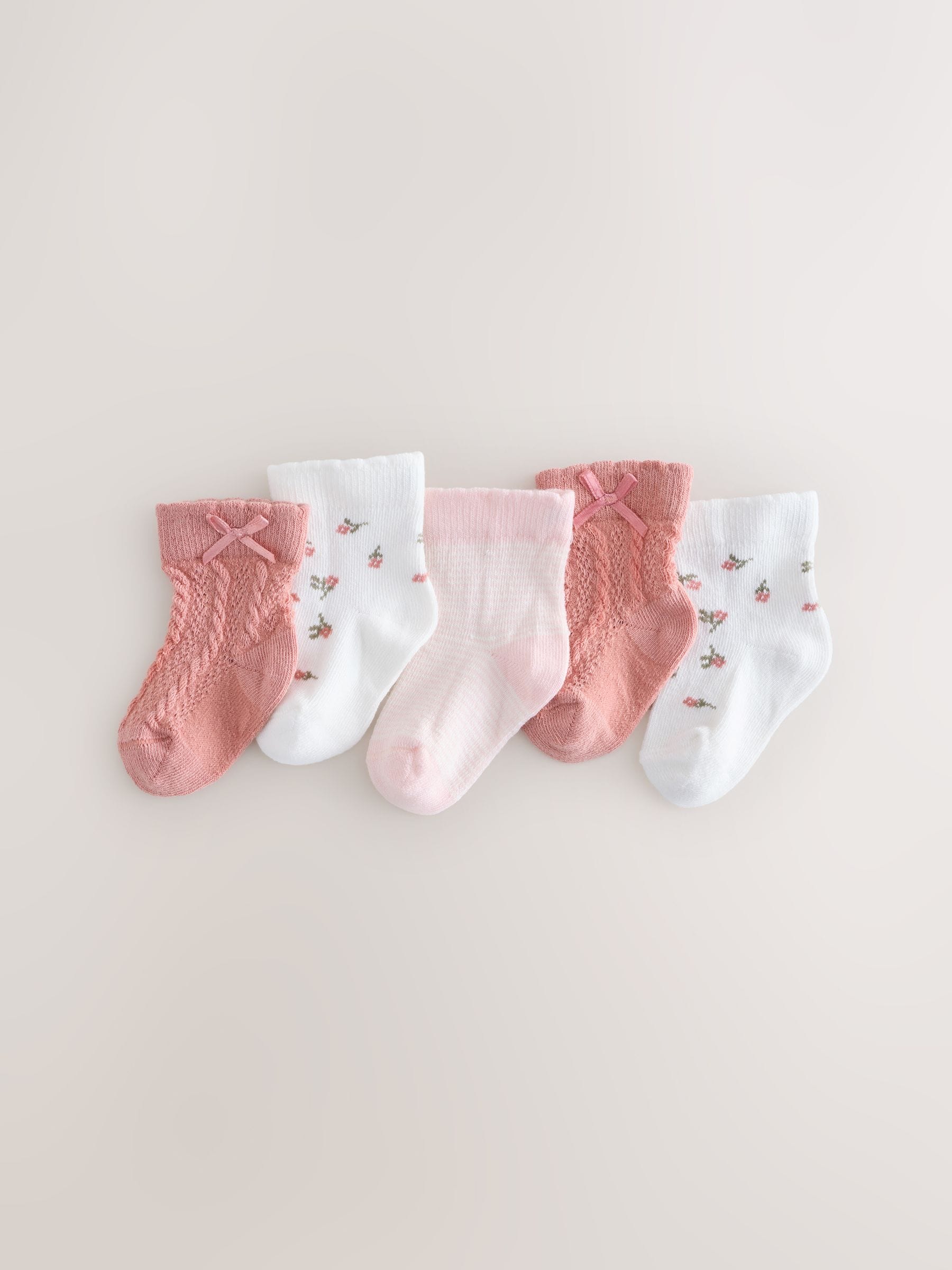 Roze - Set van 5 paar babysokken met kabelpatroon met madeliefjesprint (0mnd-2jr)