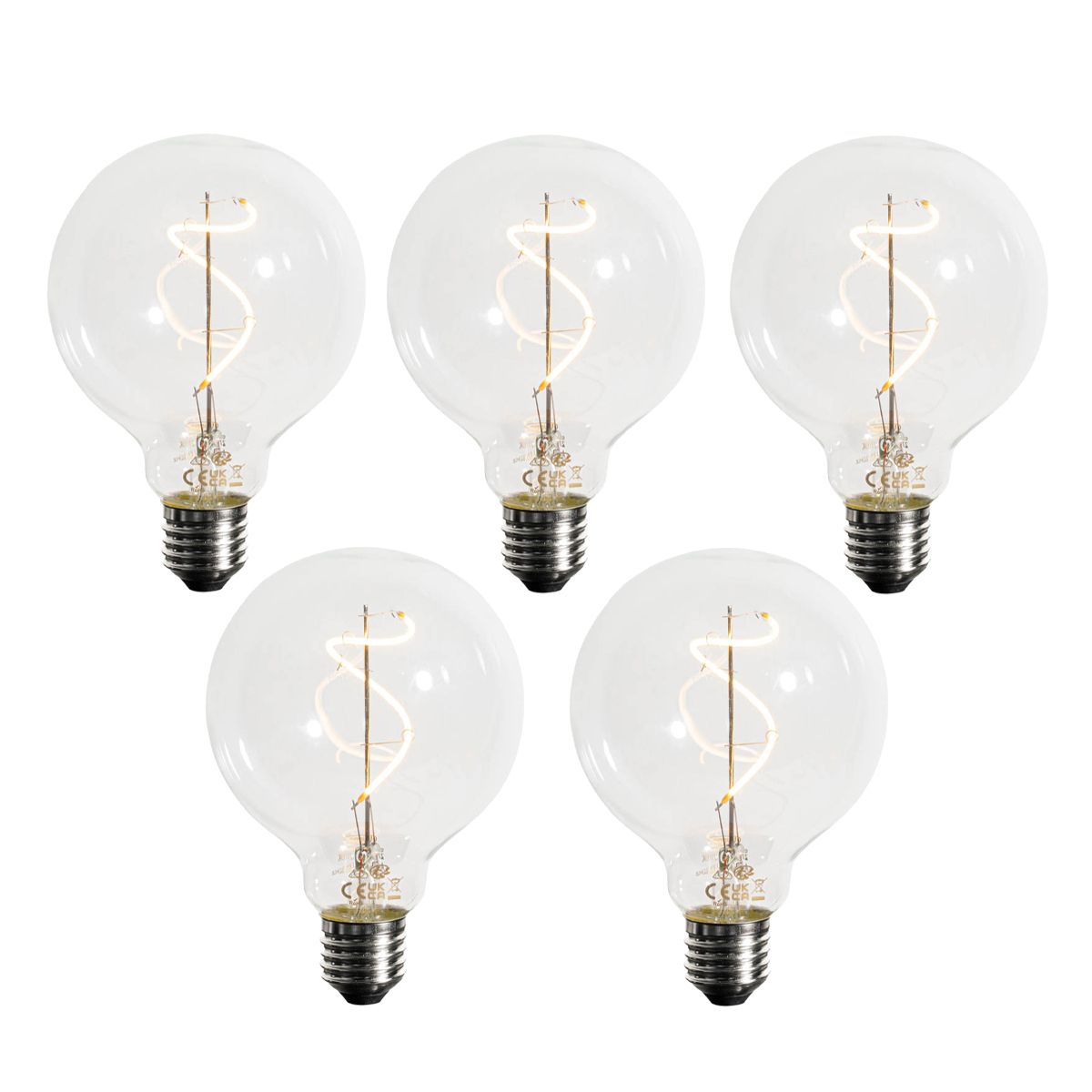 Set van 5 E27 dimbare LED spiraal filament G95 4W 270 lm 2200K