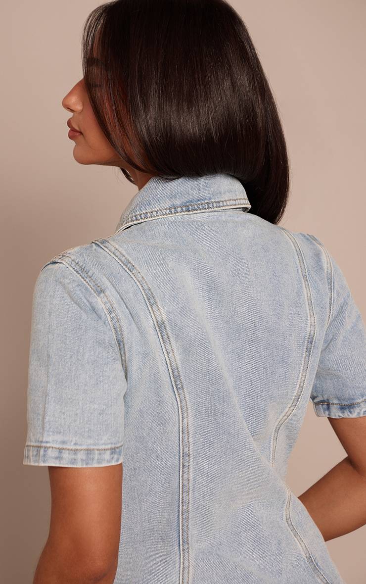 Bleu Clair Chemise En Denim À Manches Courtes Boutonnée Petite Taille