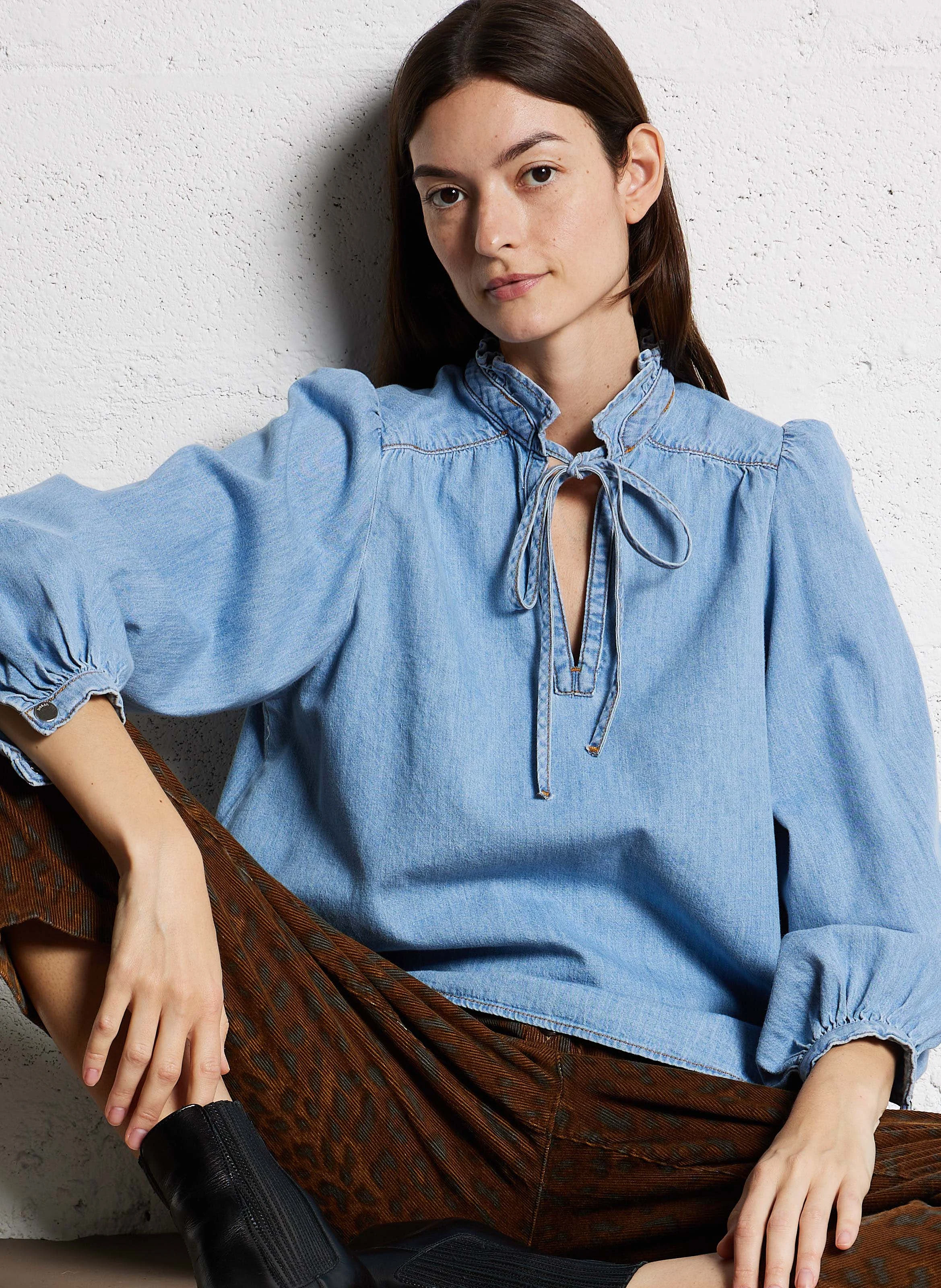 LOUISE - Top ample à col V en coton | Bleu