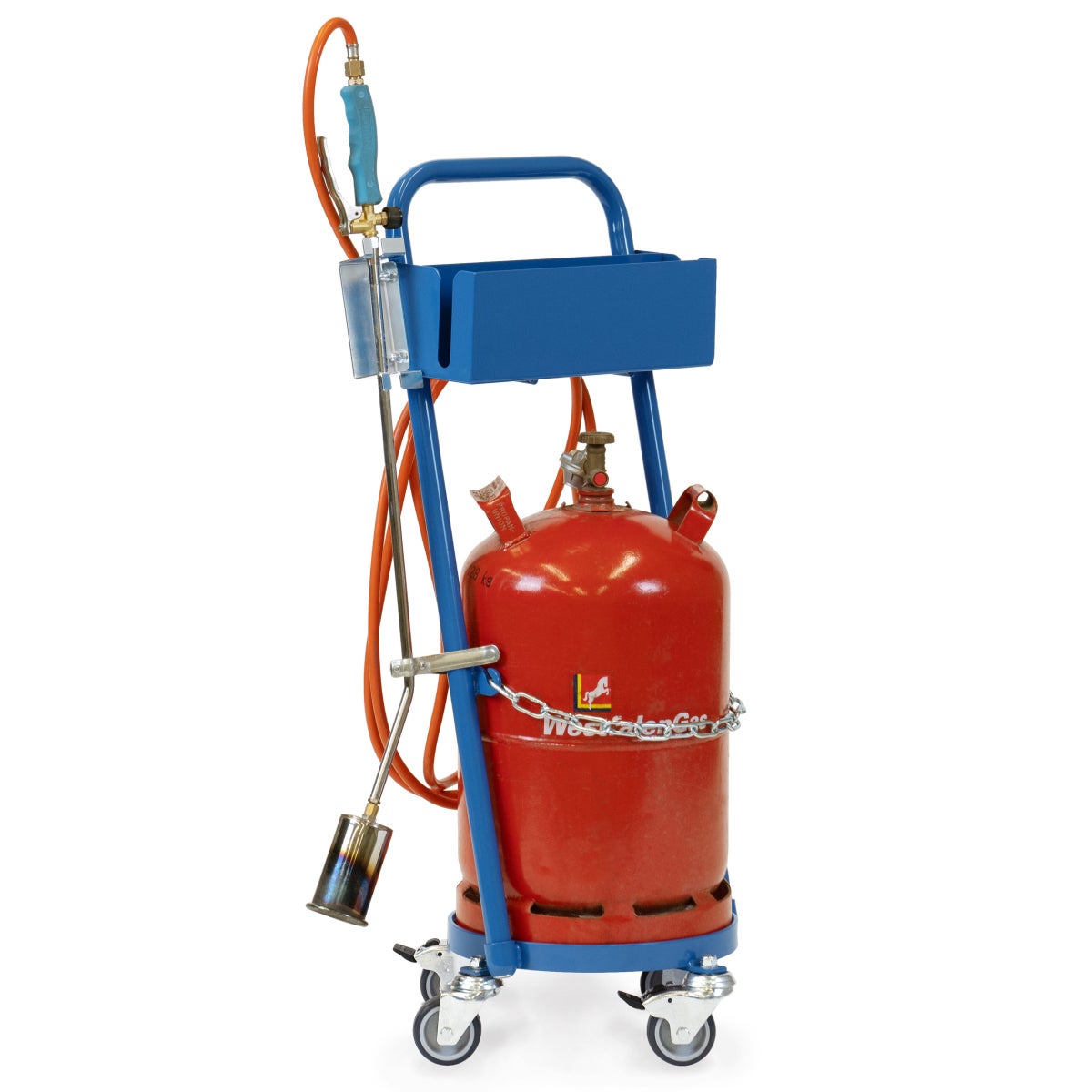 Fetra stalen gasfleswagen voor 1 propaangasfles, inhoud 11 kg, Ø 300 mm, krimppistool en houder voor verwarmings-/vlambrander