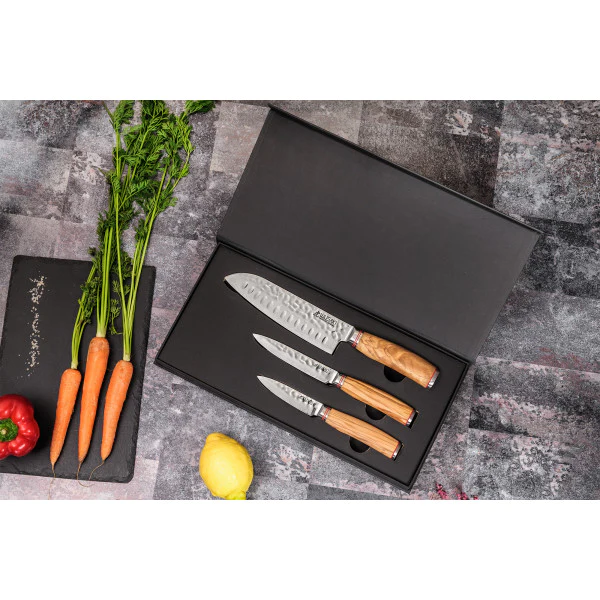 3 couteaux Wusaki Damas 10Cr en coffret élégant (santoku alvéolé, uni