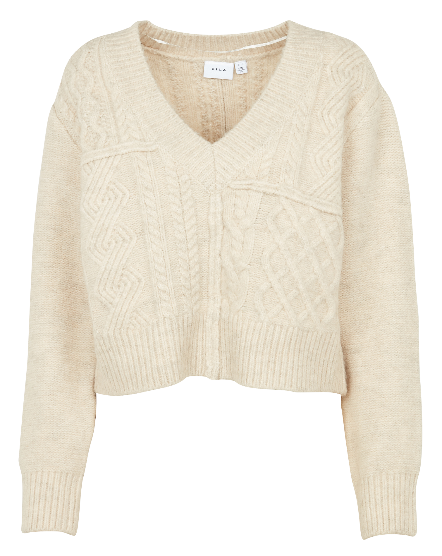 Pull col V en maille tressée| Beige