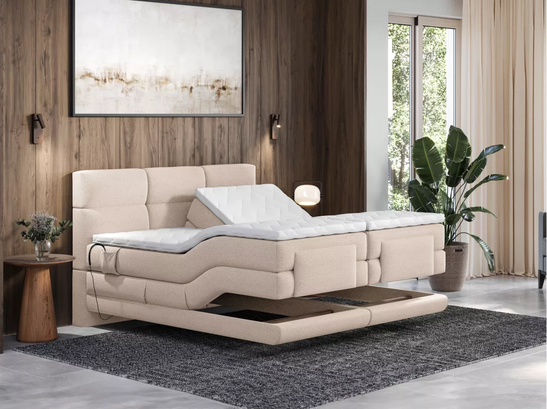 Ensemble complet boxspring tête de lit capitonnée + sommiers relaxation électrique + matelas + surmatelas - 2 x 80 x 200 cm - Tissu - Beige - LODI de PALACIO