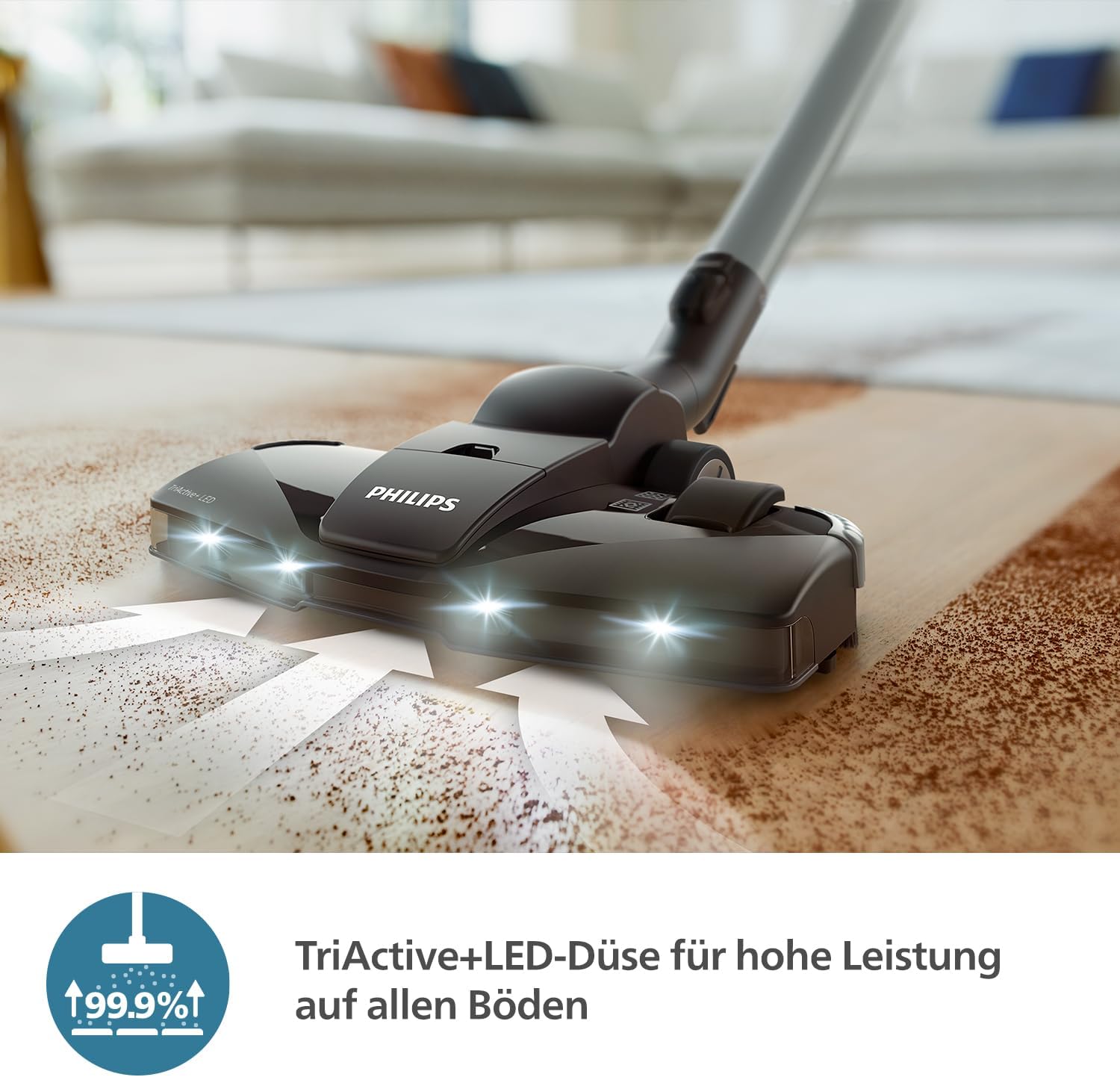 Philips 8000-Series Beutelstaubsauger Performer LED - 900 W Motor, TriActive+ LED-Düse, HEPA, 12 m, Langlebige Beutel, Deep Black (XD8122/10)