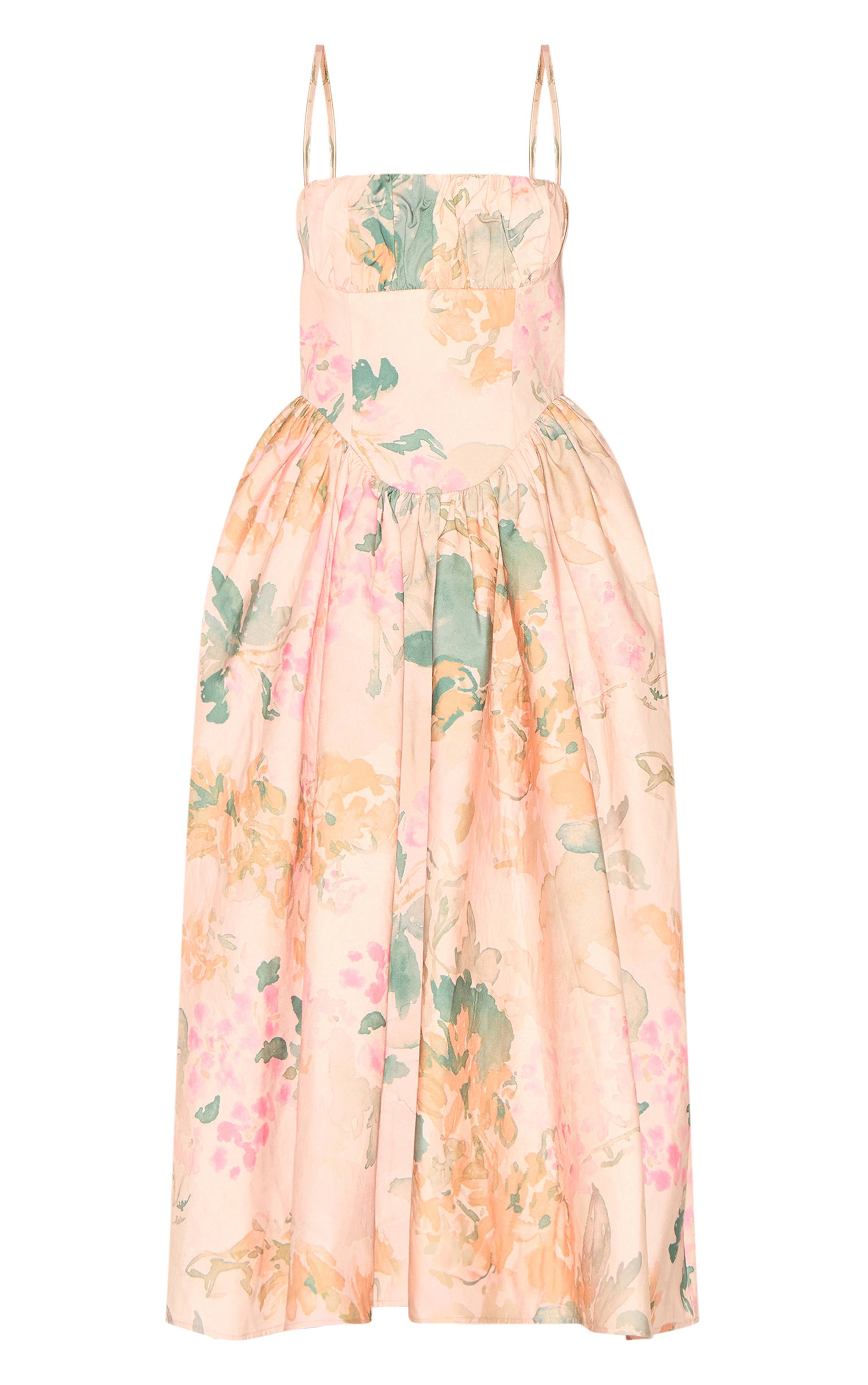 Rose Robe Mi-longue À Bretelles Avec Bustier Froncé À Corset Et Imprimé Floral Abstrait