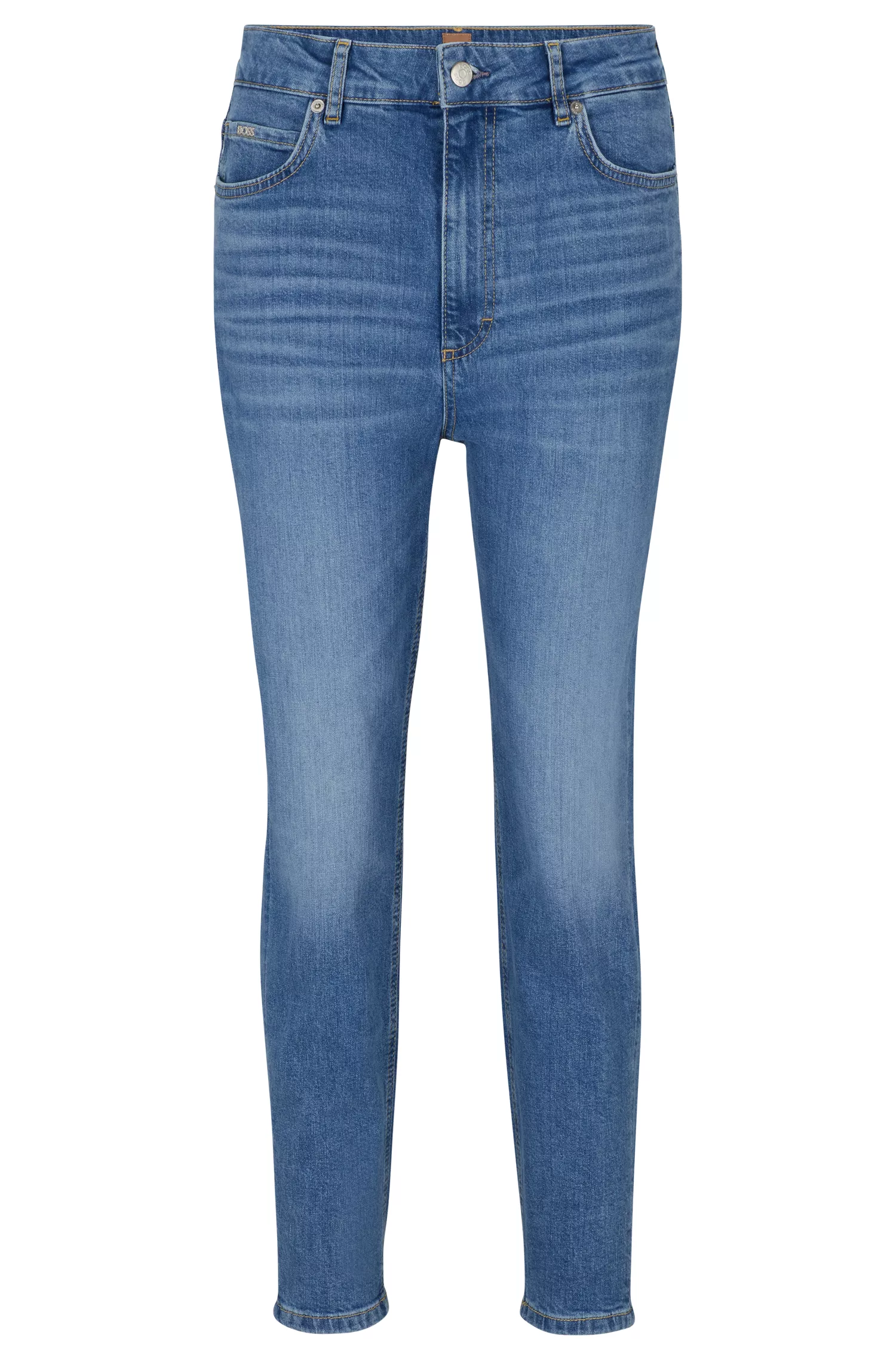 Calça jeans cropped de cintura alta BOSS preta em denim azul confortável com elasticidade.