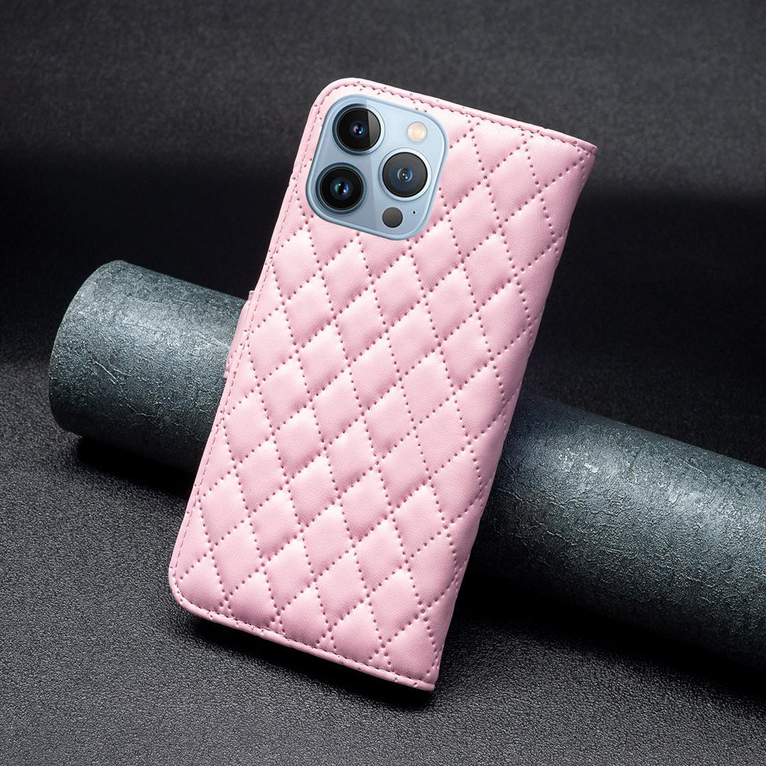 iPhone 13 Pro Leder Tasche Flip Cover Steppmuster - Rosa