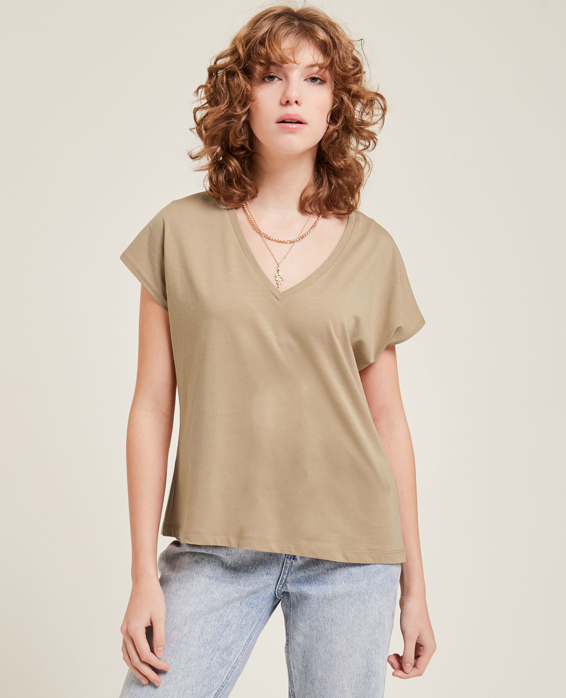 T-shirt col V manches courtes - Camel