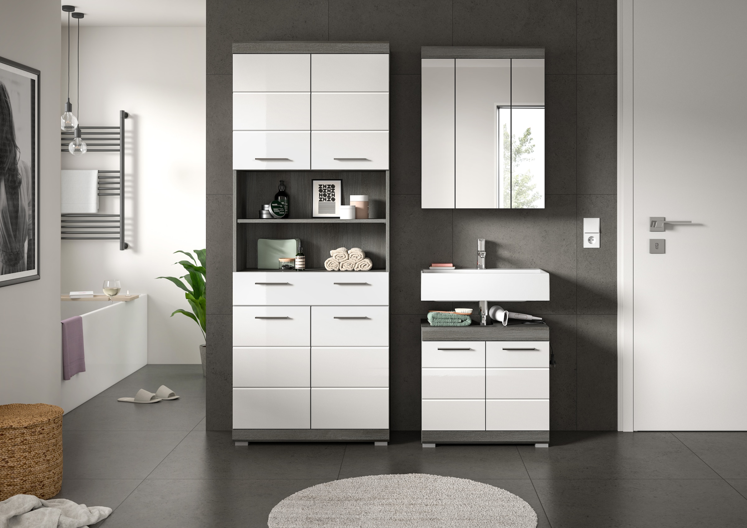 INOSIGN Badmöbel-Set »SIENA, TOPSELLER!, Breite 149cm, 3-teiliges Set« Set, bestehend aus: Hochschrank, Waschbeckenunterschrank & Spiegelschrank, 3 Stk. tlg.