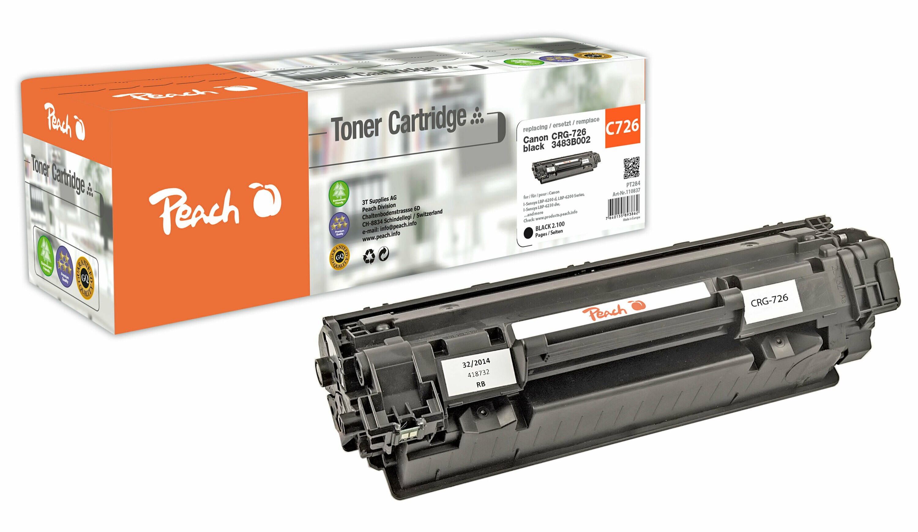 Peach C726 bk Toner bk ersetzt Canon CRG-726 bk, 3483B002 für z.B. Canon ISensys LBP -6200 d, Canon ISensys LBP -6200, Canon ISensys LBP -6230 dw (wiederaufbereitet)