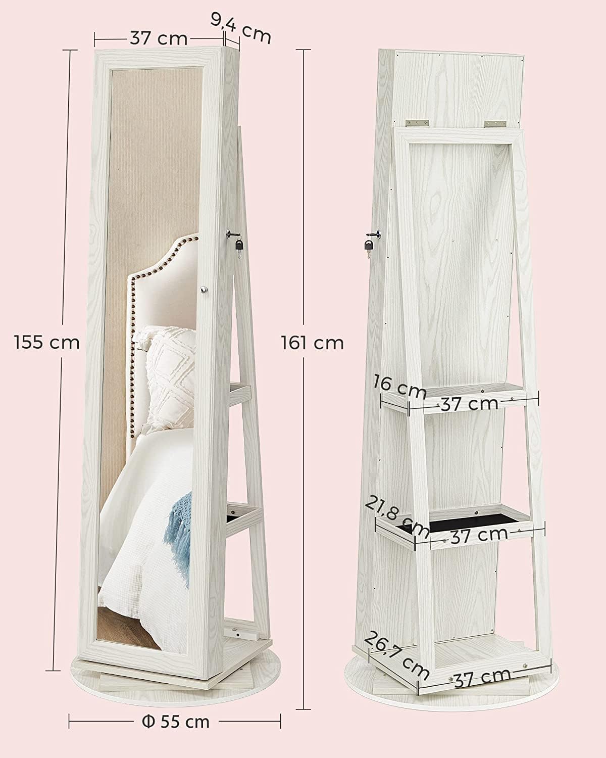 SONGMICS Schmuckschrank, Standspiegel, Spiegelschrank, mit Ganzkörperspiegel, um 360° drehbar, Schmuckaufbewahrung, abschließbar, mit Schlüsseln, Geschenkidee, weiß mit Grauer Holzmaserung JBC62W