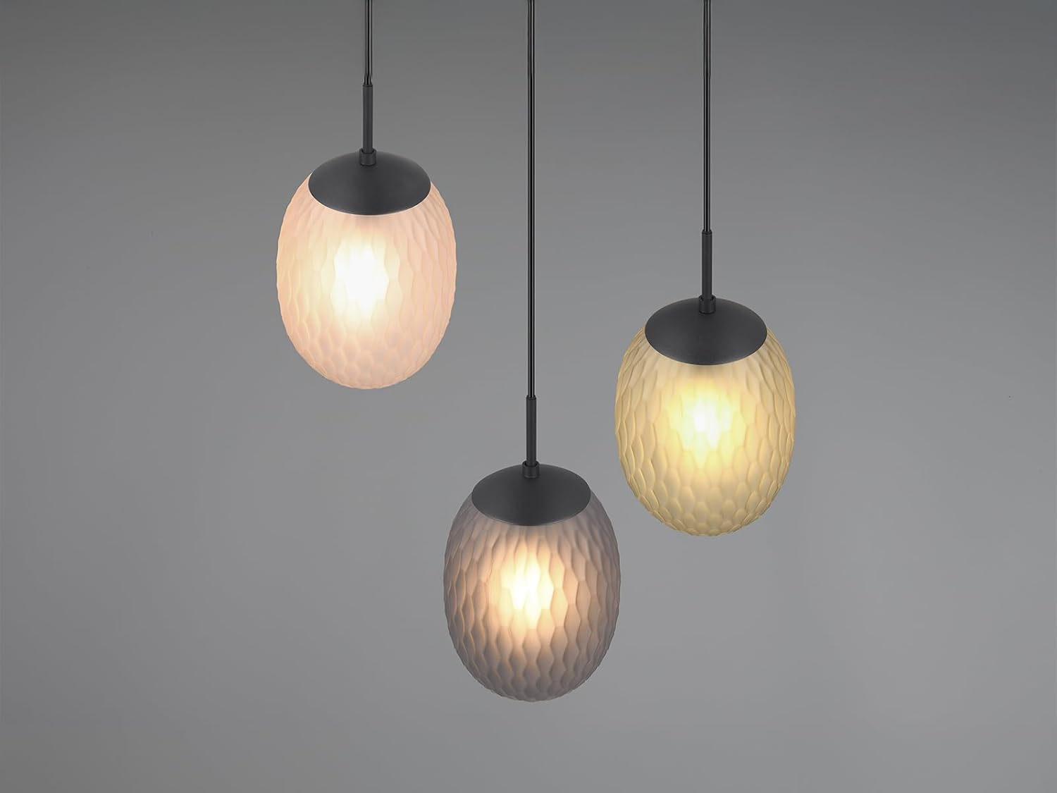 meineWunschleuchte Cluster Pendelleuchte 3-flammig mit farbigen Glasschirmen oval Ø 43cm