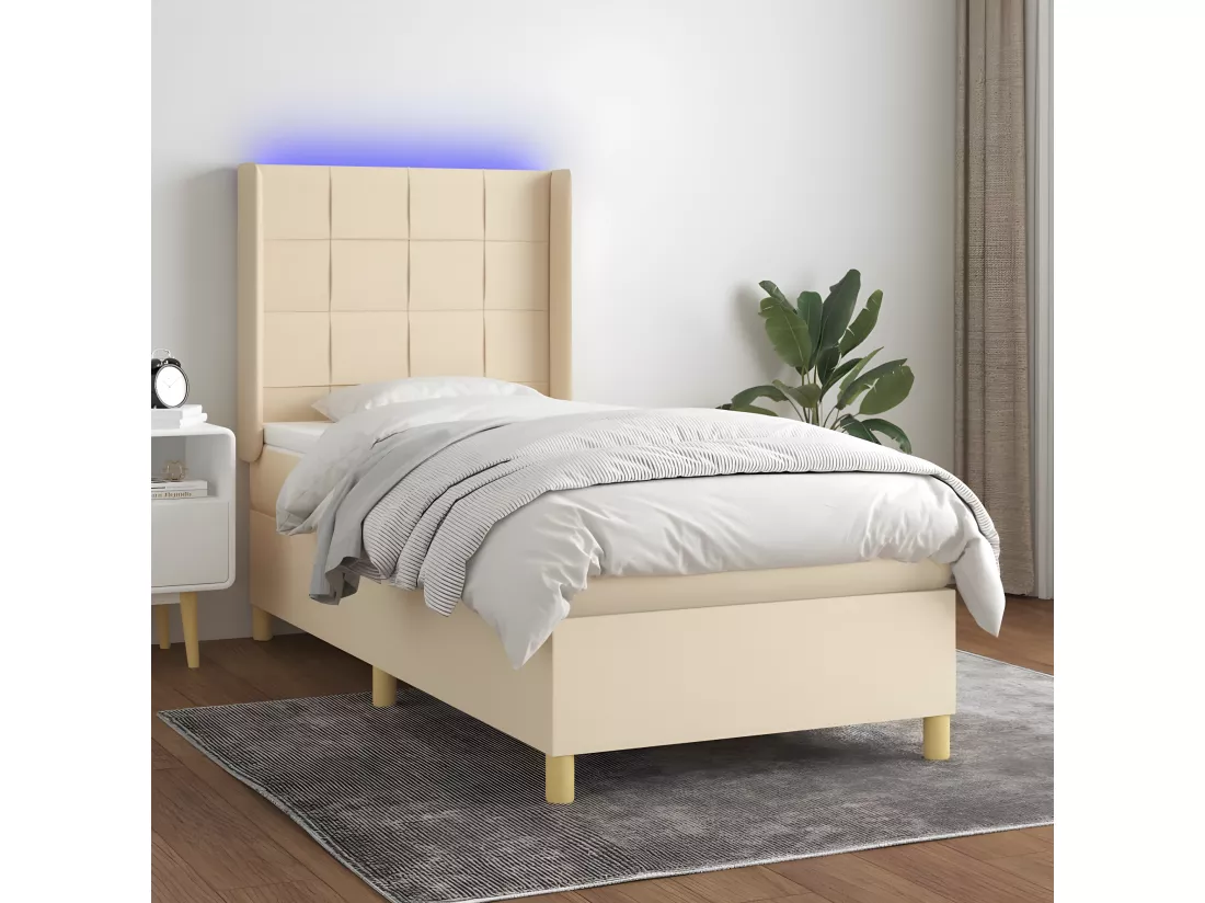 Sommier tapissier avec matelas et LED Crème 100x200 cm Tissu