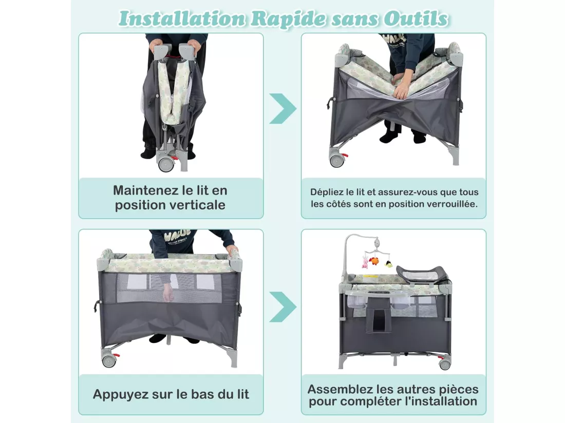 Lit Parapluie Bébé 5 en 1 avec Table à Langer Amovible, Lit Cododo Pliable avec Matelas, Musique et 3 Jouets Suspendus, 2 Roues Verrouillables, Sac de Transport pour 0-36 Mois (Gris)