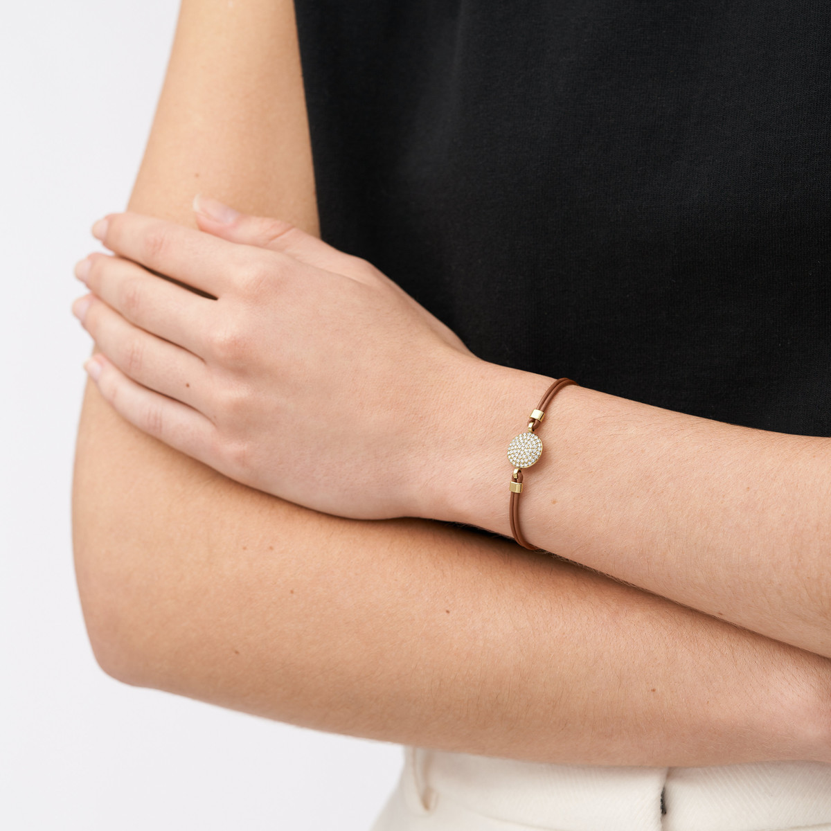 Bracelet FOSSIL acier inoxydable cuir marron cristal