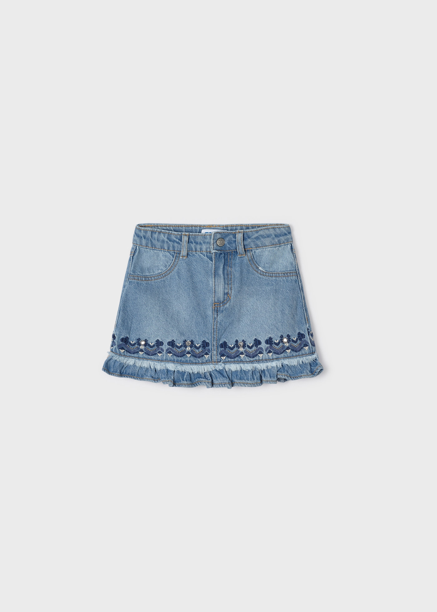 Saia jeans com bordado em algodão para meninas