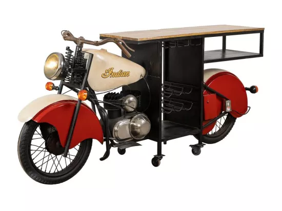 Barre porte-bouteilles moto en bois et métal rouge 220x40x100h