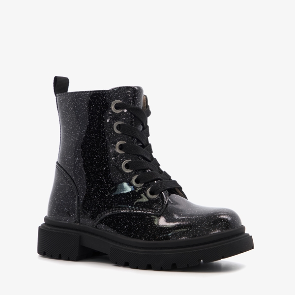 TwoDay leren meisjes veterboots met glitter zwart
