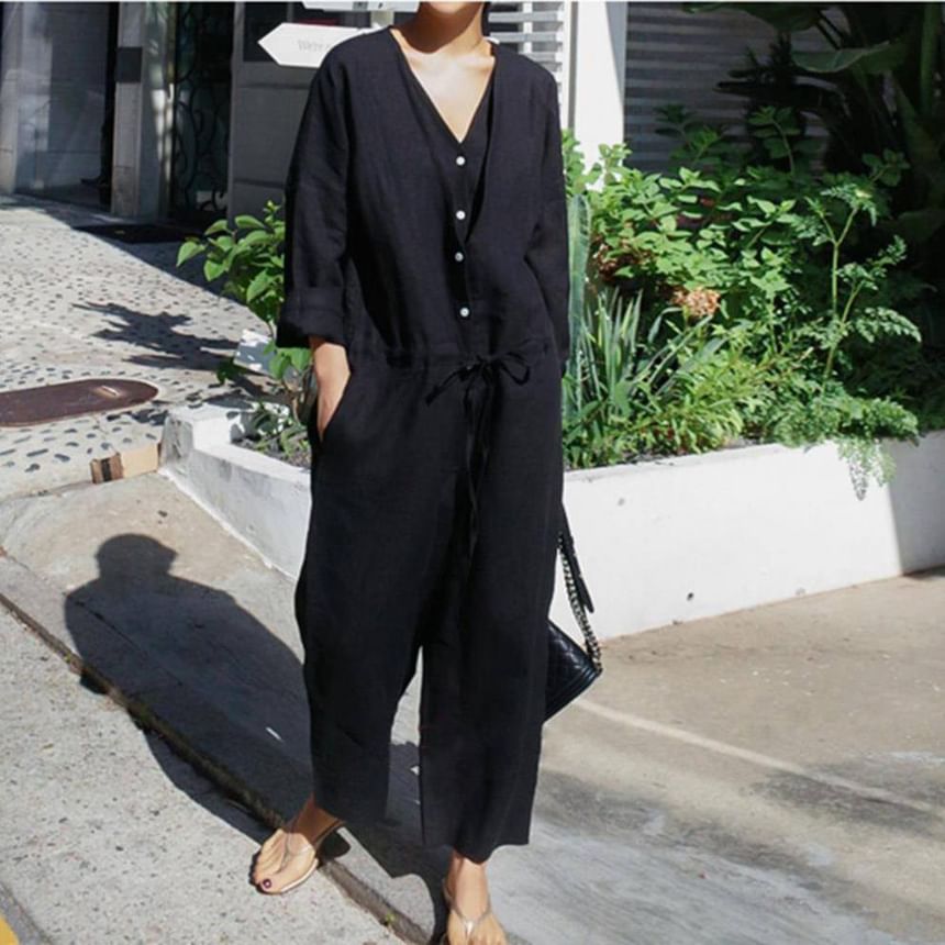 Lewwe - Lange mouwen V-hals effen imitatie tweedelig jumpsuit met trekkoord in de taille en rechte pijpen