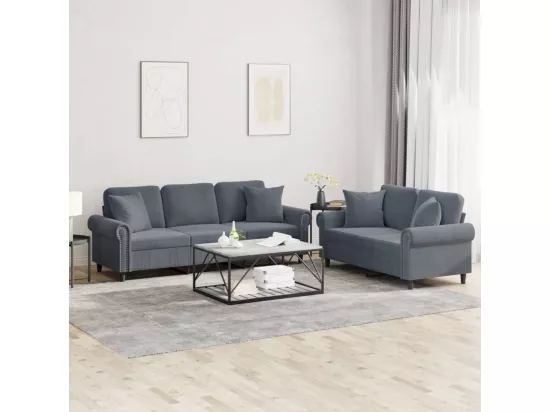 Ensemble de canapés 2 pièces avec coussins gris foncé velours
