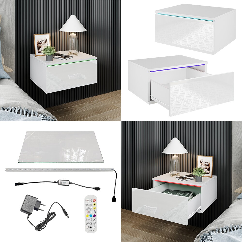 Vicco Nachtschrank Samira 49 x 38 cm, Weiß Hochglanz + LED, Fernbedienung