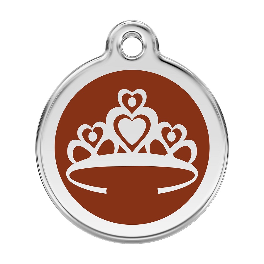 Placa de identificação para cães em aço inoxidável esmaltado marrom com coroa