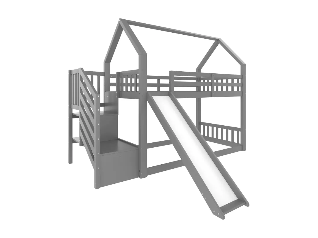 Lit superposé 90x200cm en bois - avec barrières + escalier de rangement + toboggan - Gris