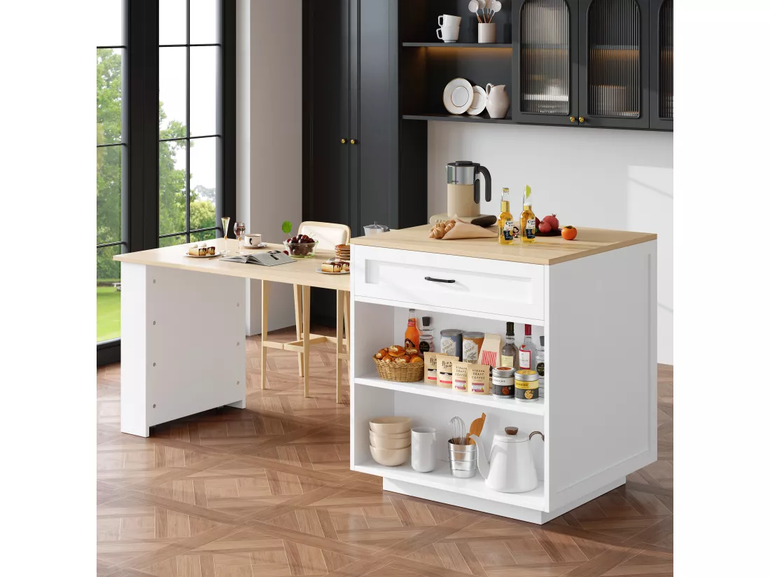 Ilot central de cuisine, table à manger 4 à 6 couverts - 2 tiroirs, 2 portes et étagères - 133/202 x 70 x 93.5 cm - MDF - Blanc