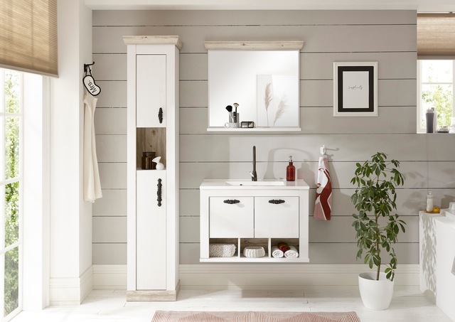 Home affaire Waschtisch »Florenz, Waschbeckenunterschrank inkl. Waschbecken, Metallgriffe« in Pinie Weiss, hängend, Breite 82 cm, inkl. Mineralgussbecken