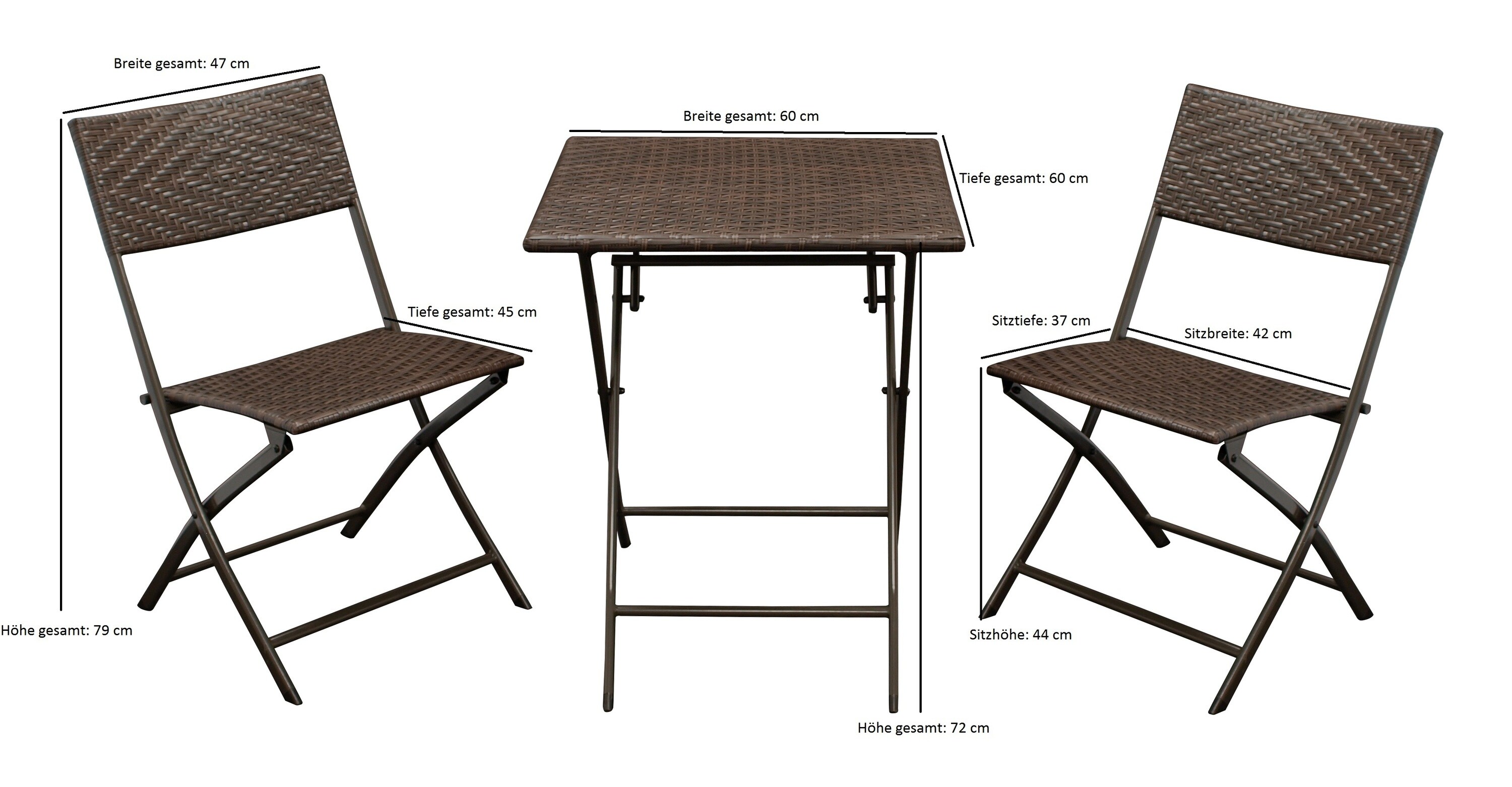 DEGAMO Bistroset ROSSANO 3-teilig klappbar, Metall + Polyrattan braun bicolor