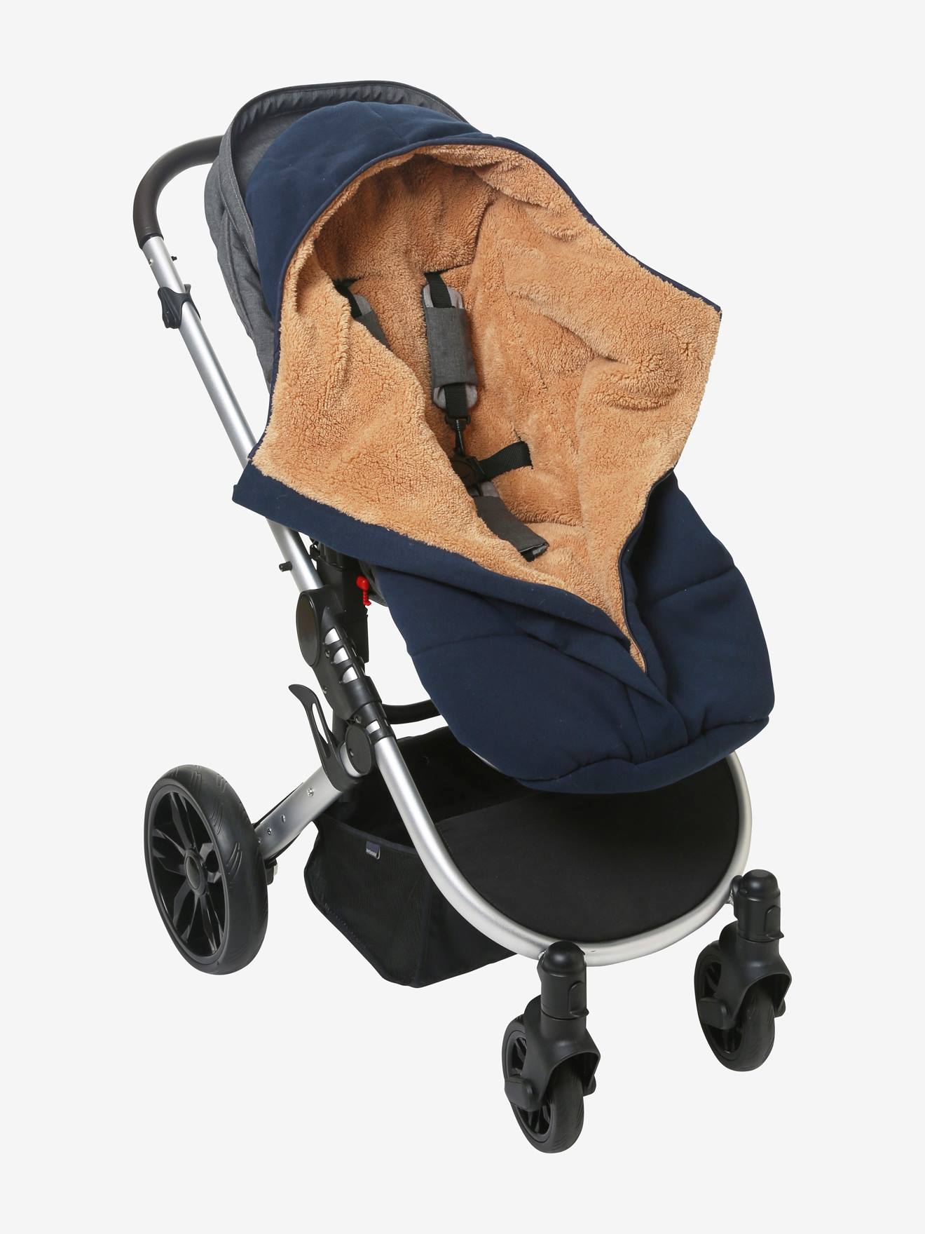 Bolsa de carrinho de bebê de pelúcia com forro de malha azul-escuro liso.