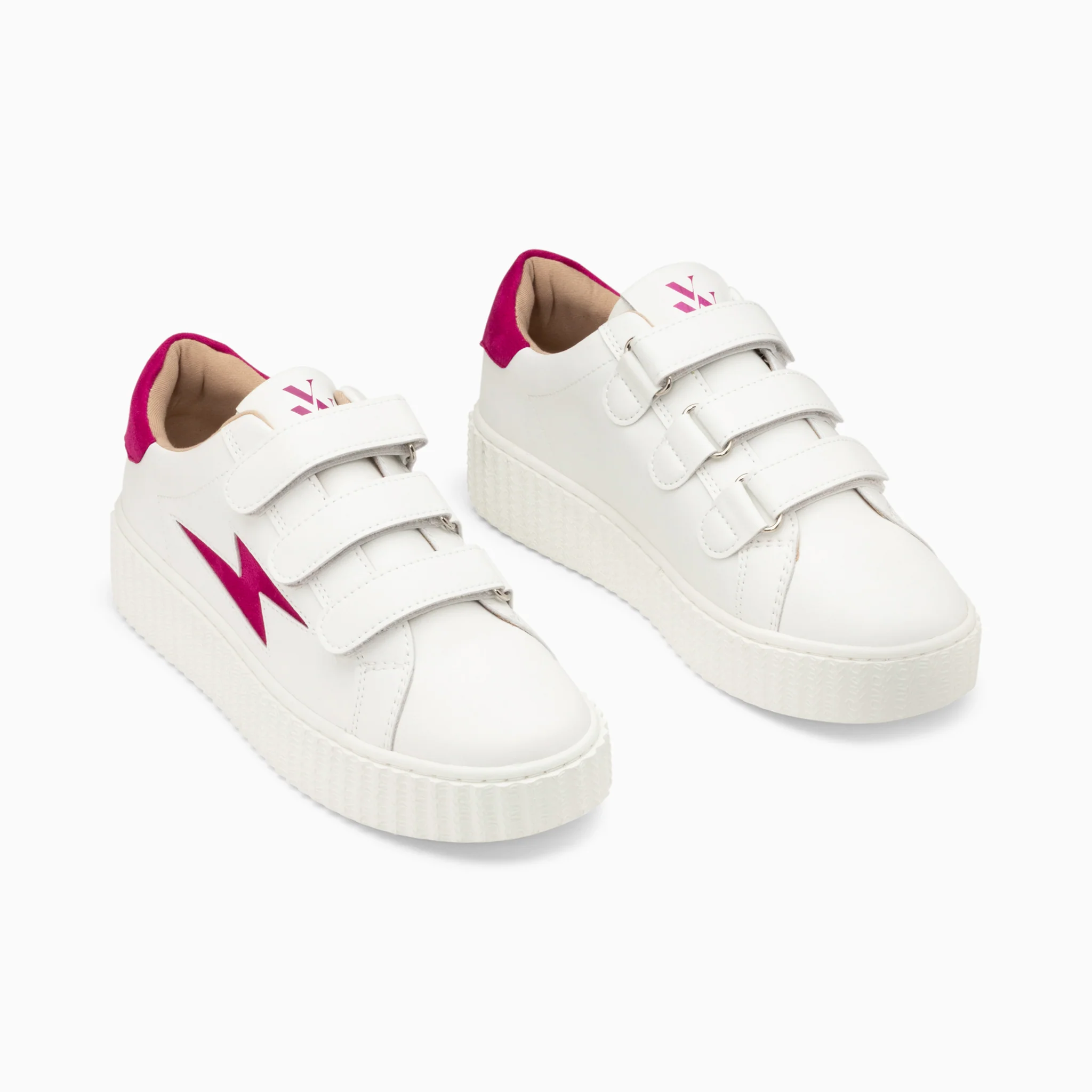 Sneakers-Baskets éclair Vicky blanc et fuchsia à scratchs