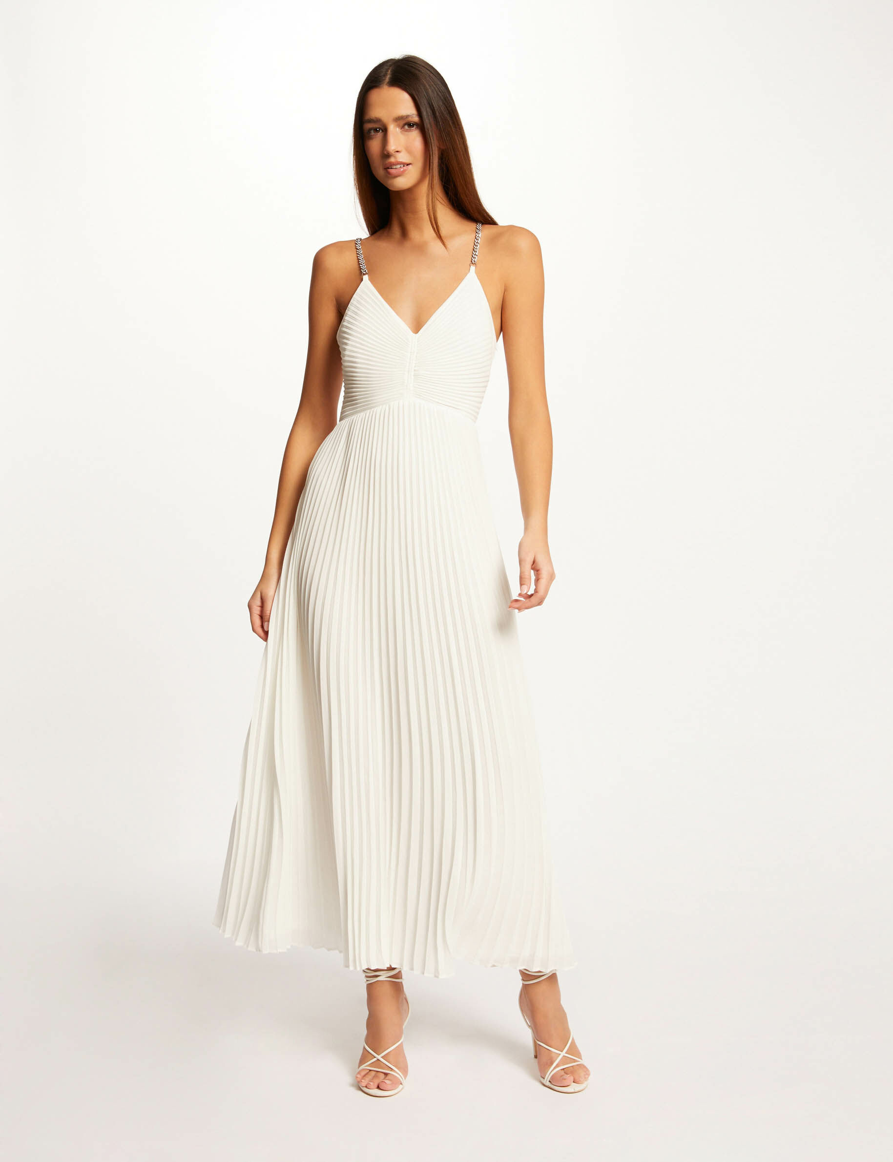 Robe longue évasée plissée à dos nu ecru femme - ecru