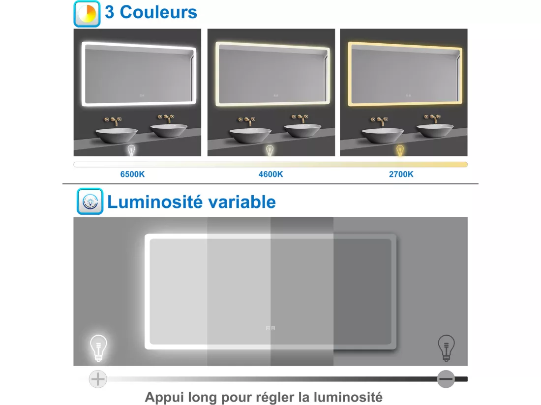 Miroir de Salle de Bain avec Bluetooth, LED Anti-Buée, Dimmable, 3 Couleurs 120x70cm Aica