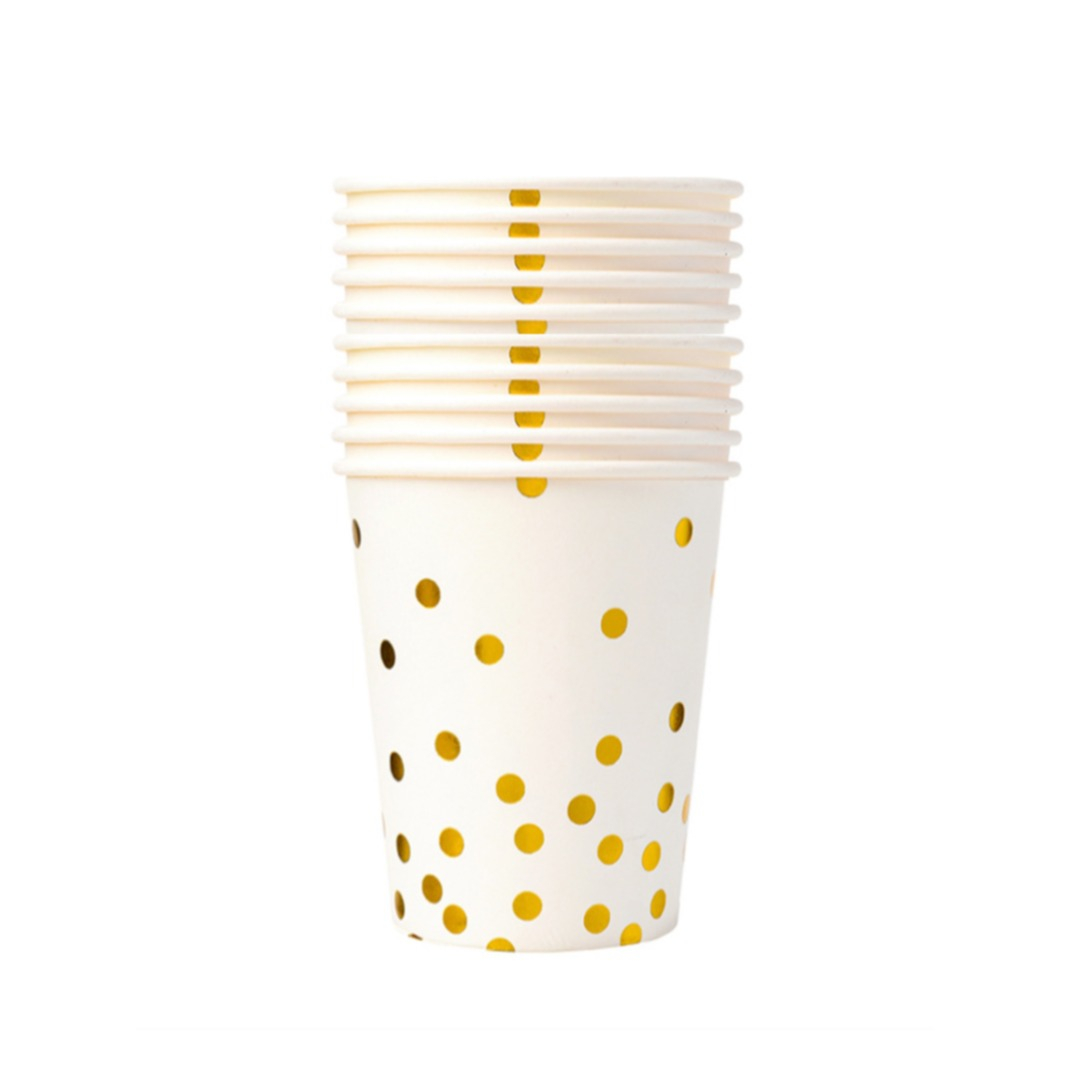 (10er Set) Einweg Papp Becher Party Geschirr Tisch Dekoration Trinkbecher - Weiss / Gold